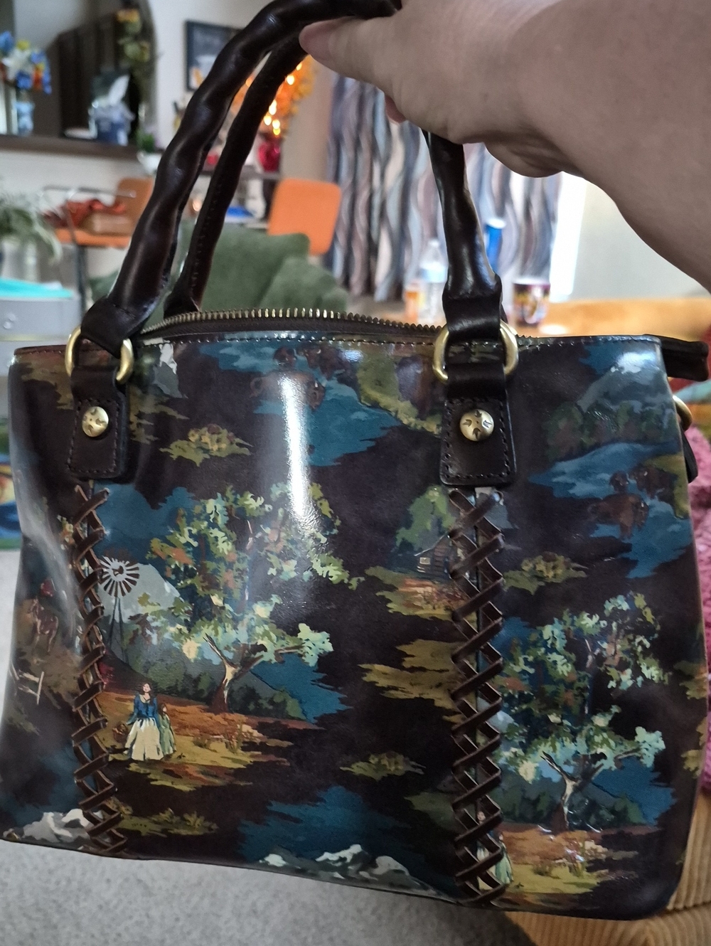 Pateicia Nash Scenic Print Women's Satchel in Dark Brown and Teal 2024